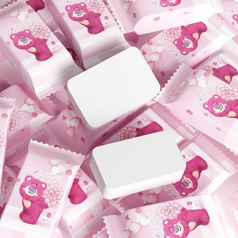 BỊCH 20 VIÊN NÉN RỬA MẶT HOẠ TIẾT GẤU DÂU LOTSO HÌNH VIÊN KẸO - KHĂN GIẤY NÉN DU LỊCH GẤU DÂU MÀU HỒNG