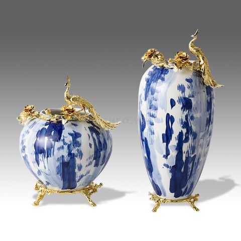 Bình Hoa Gốm Trang Trí Chim Công Vàng