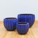  Round Striped Blue Glazed Ceramic Planter 