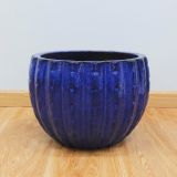  Round Striped Blue Glazed Ceramic Planter 