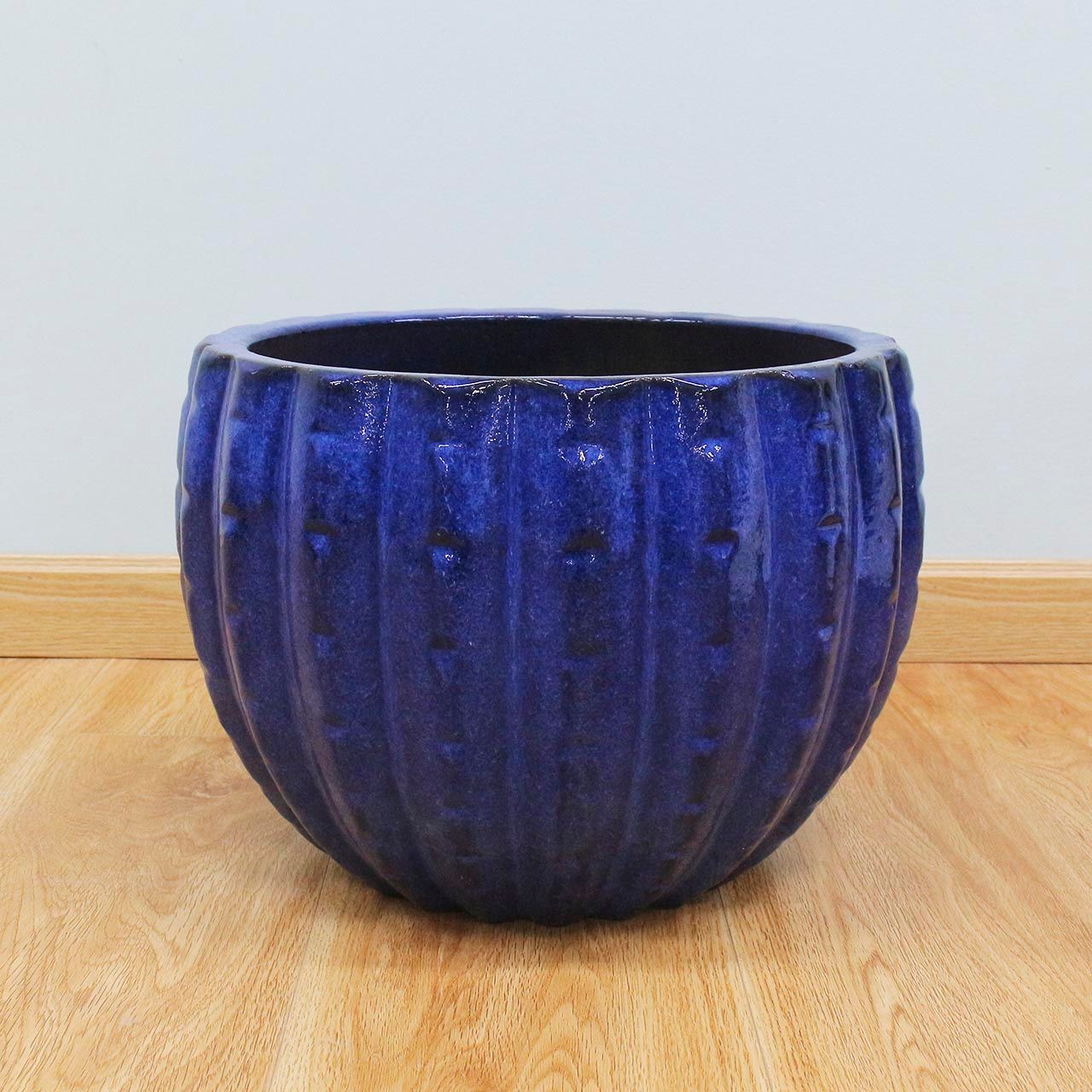  Round Striped Blue Glazed Ceramic Planter 