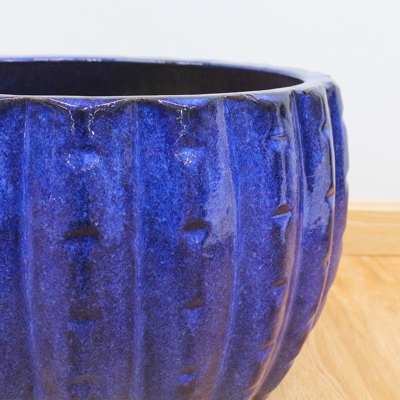  Round Striped Blue Glazed Ceramic Planter 
