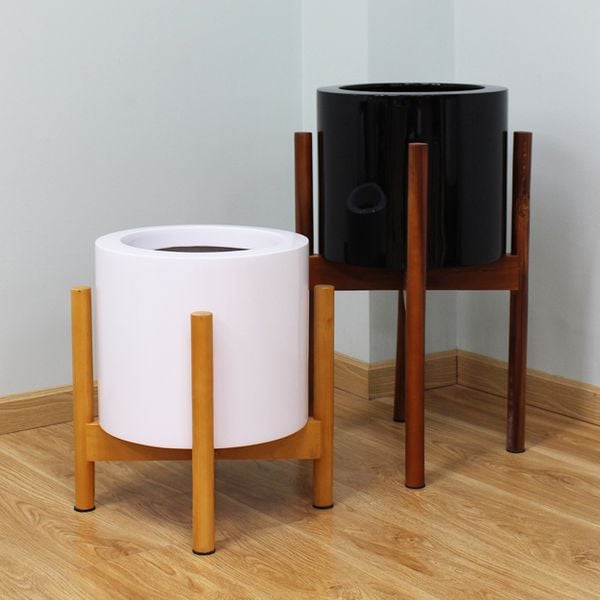 Decorative Small Cylindrical Pots Planter with Wooden Stand AUFS070 - 1