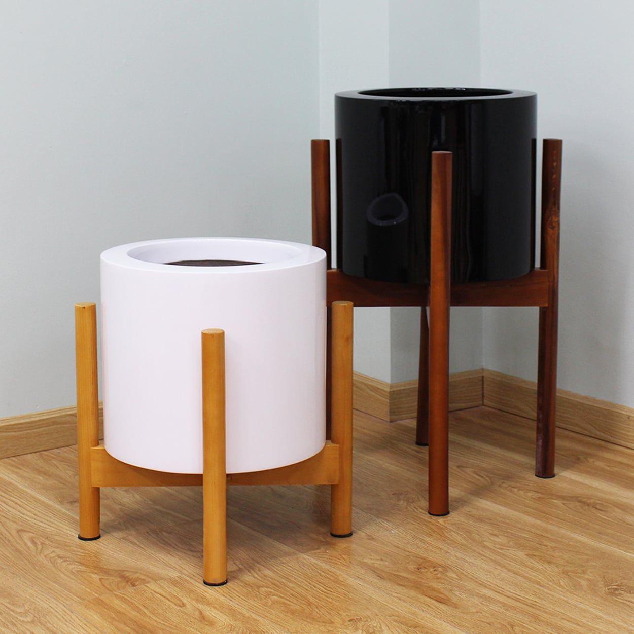  Decorative Small Cylindrical Pots Planter with Wooden Stand | AUFS070 