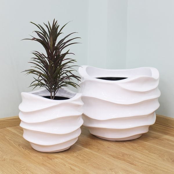 White Round With Wavy Pattern Pots Planter AUFS109 - 1
