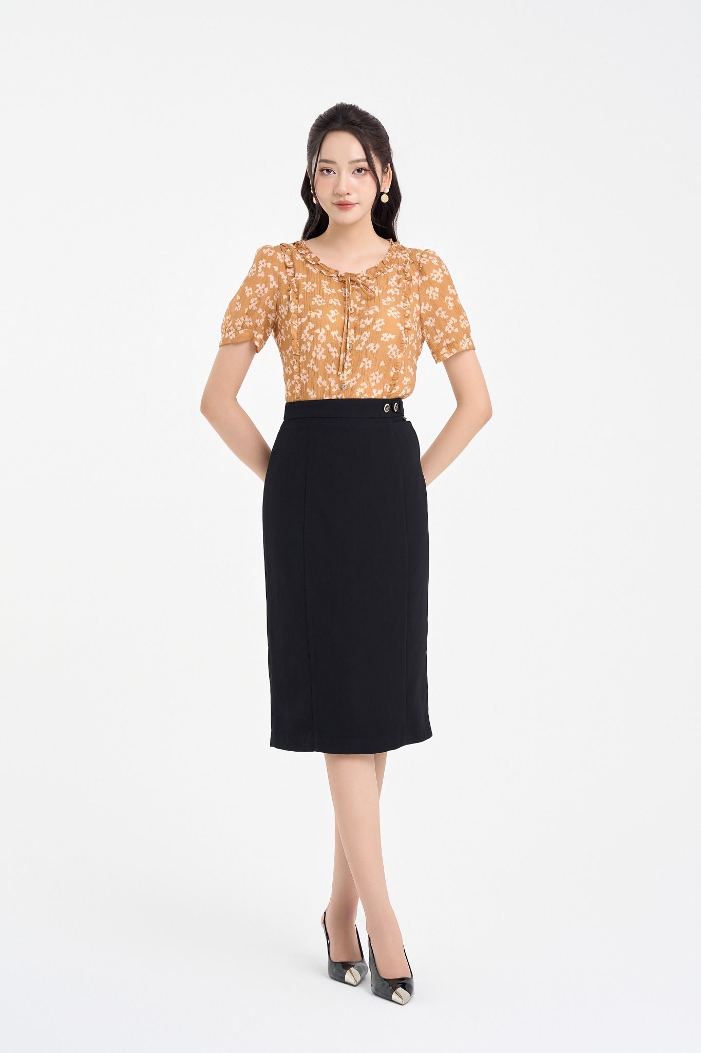 SƠ MI HOA CỔ NHÚN SM06462