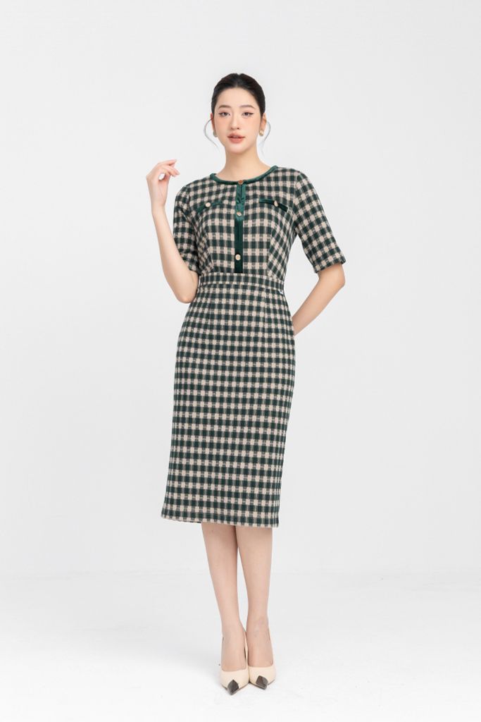 ĐẦM LEN KẺ XANH D13742