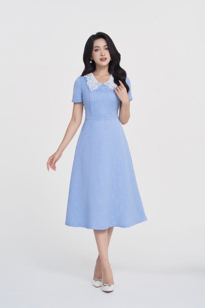 ĐẦM XANH PHỐI CỔ REN D40122
