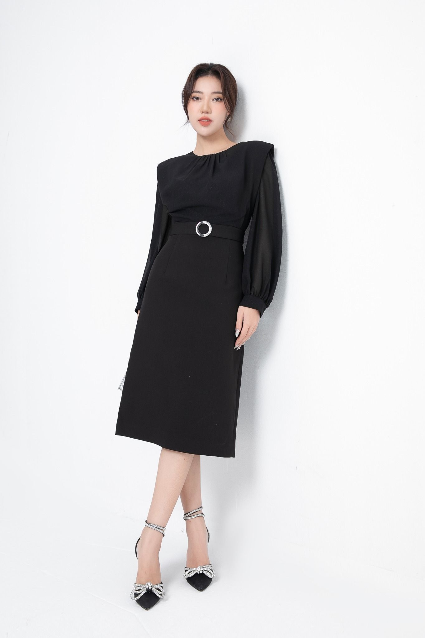 BELY | V746 - Váy đầm ôm A tiểu thư thiết kế tay dài pha voan - Đen, Hồng  vỏ đỗ - Bely | Thời trang cao cấp Bely