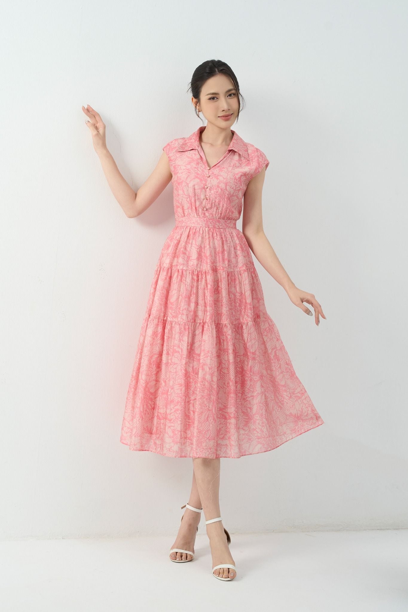 ĐẦM TƠ HOA CỔ BẺ D16402