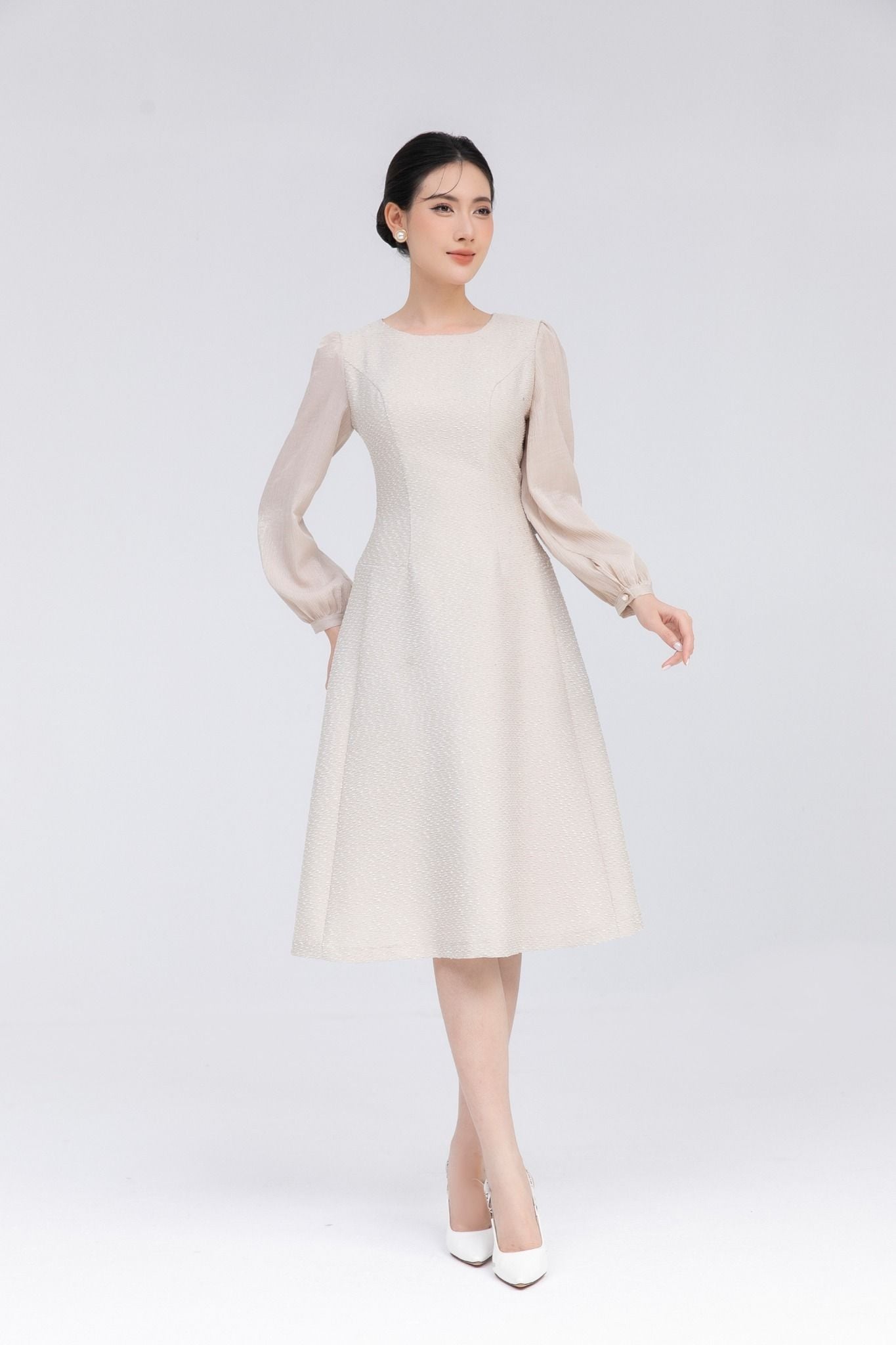 ĐẦM DẠ TWEED PHỐI TAY TƠ D12582