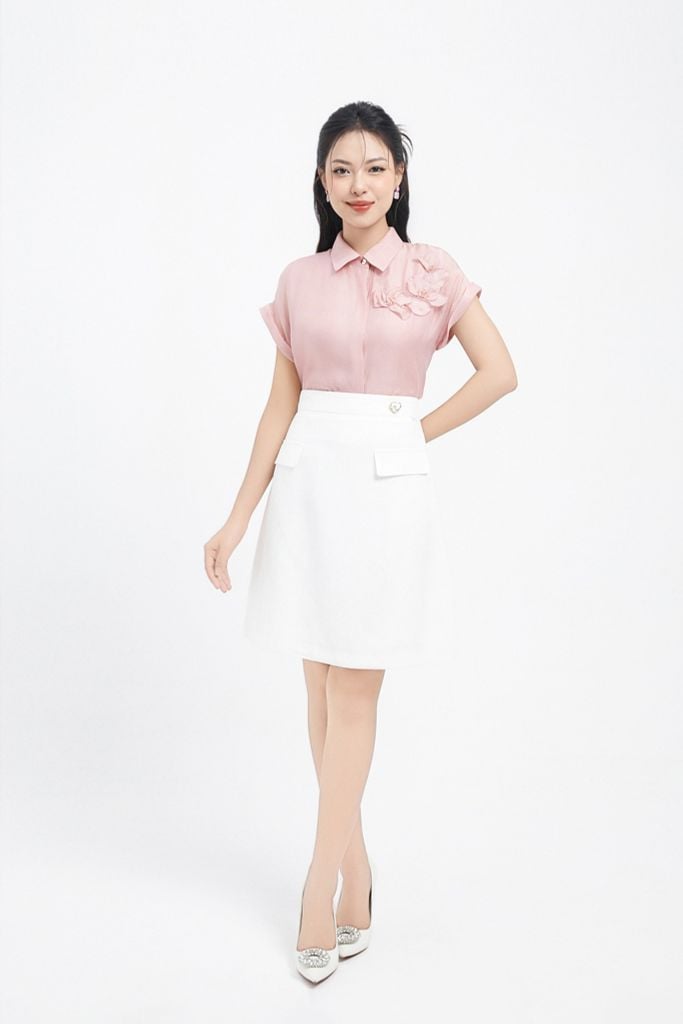 SƠ MI HỒNG ĐÍNH HOA NỔI SM41752