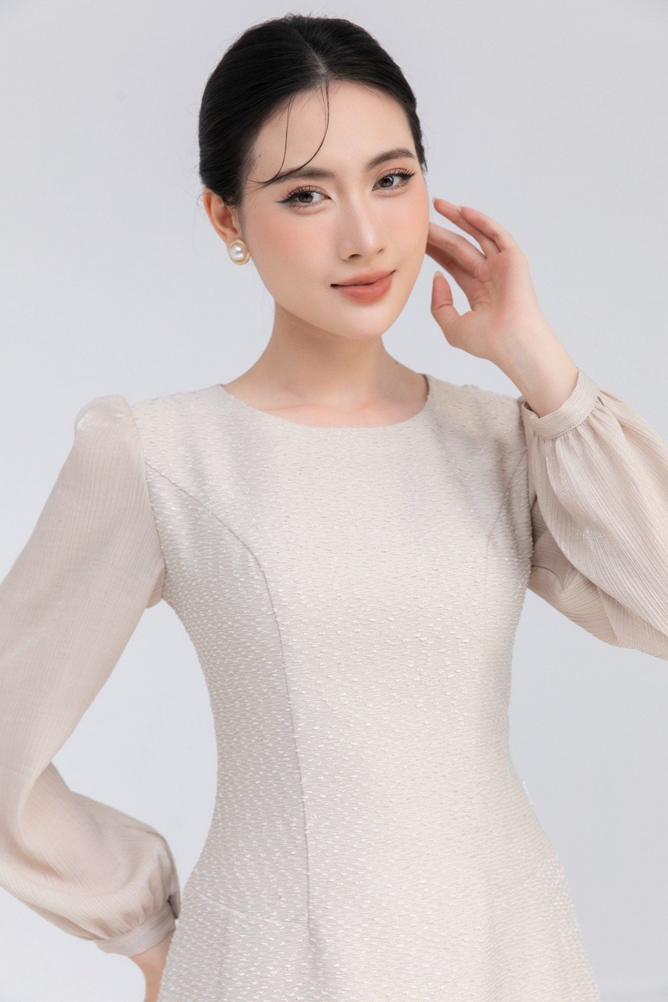ĐẦM DẠ TWEED PHỐI TAY TƠ D12582