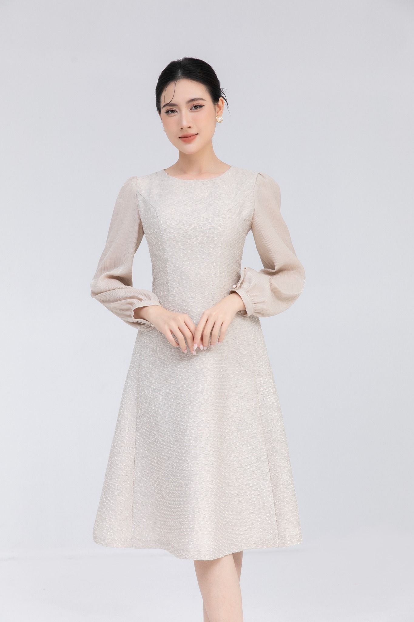 ĐẦM DẠ TWEED PHỐI TAY TƠ D12582