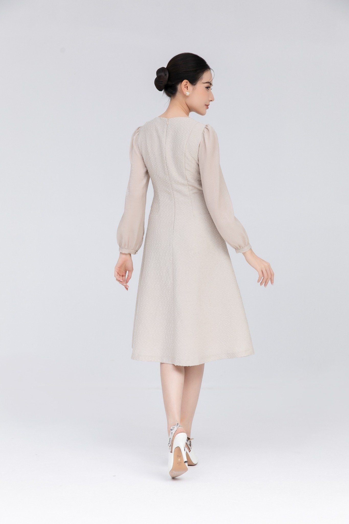 ĐẦM DẠ TWEED PHỐI TAY TƠ D12582