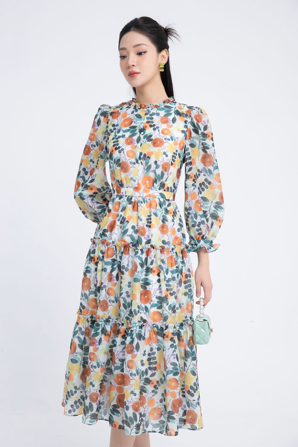 ĐẦM HOA CỔ NHÚN D14382