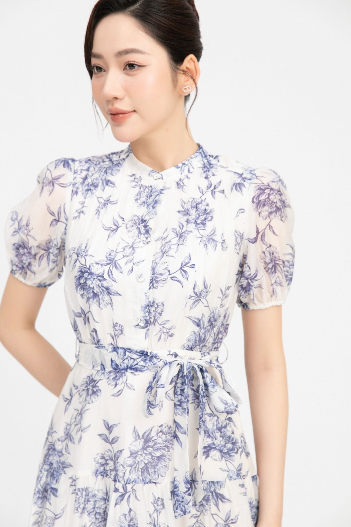 ĐẦM HOA XANH THẮT EO D16742