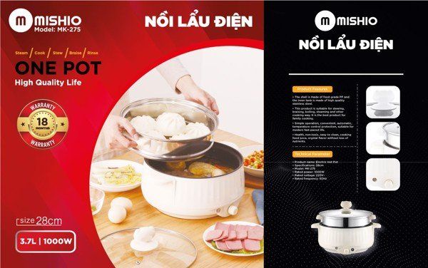  Nồi lẩu điện 4.0L Mishio MK275 kèm xửng hấp 