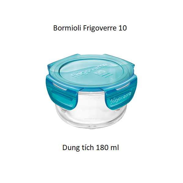  Hộp thủy tinh Ý Bormioli Frigoverre, hình tròn, nắp kín. Có khả năng chịu va chạm, chịu nhiệt cũng như sốc nhiệt rất tốt. 