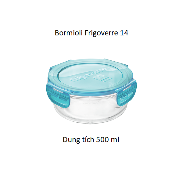  Hộp thủy tinh Ý Bormioli Frigoverre, hình tròn, nắp kín. Có khả năng chịu va chạm, chịu nhiệt cũng như sốc nhiệt rất tốt. 