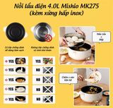  Nồi lẩu điện 4.0L Mishio MK275 kèm xửng hấp 