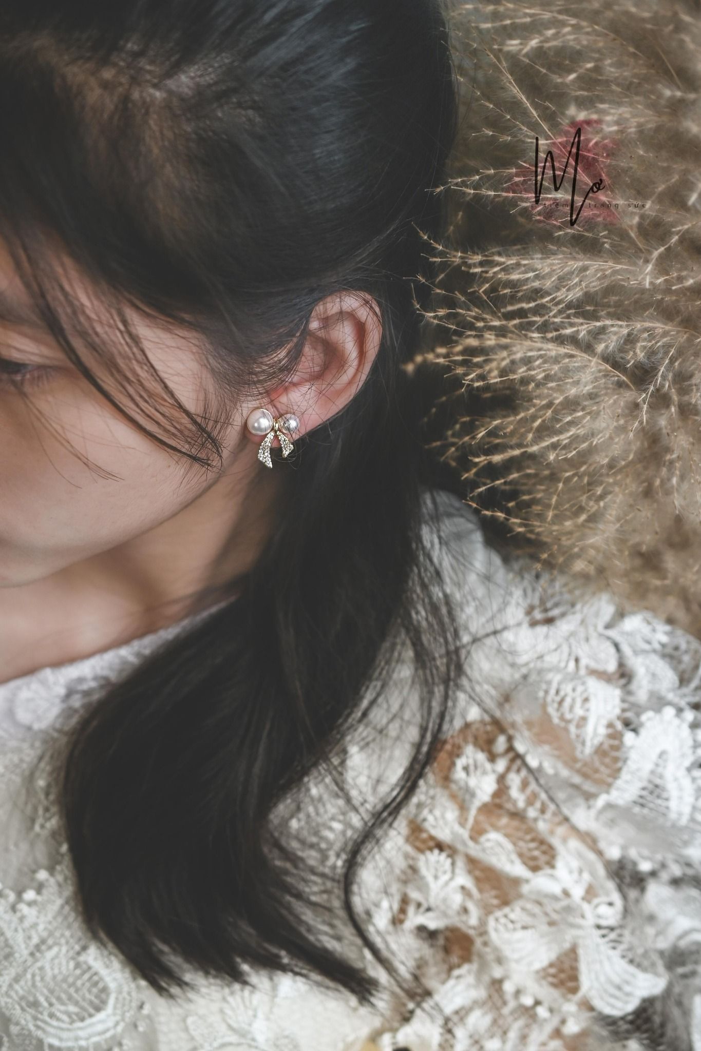  Bông tai bạc 925 họa tiết nơ ngọc trai 