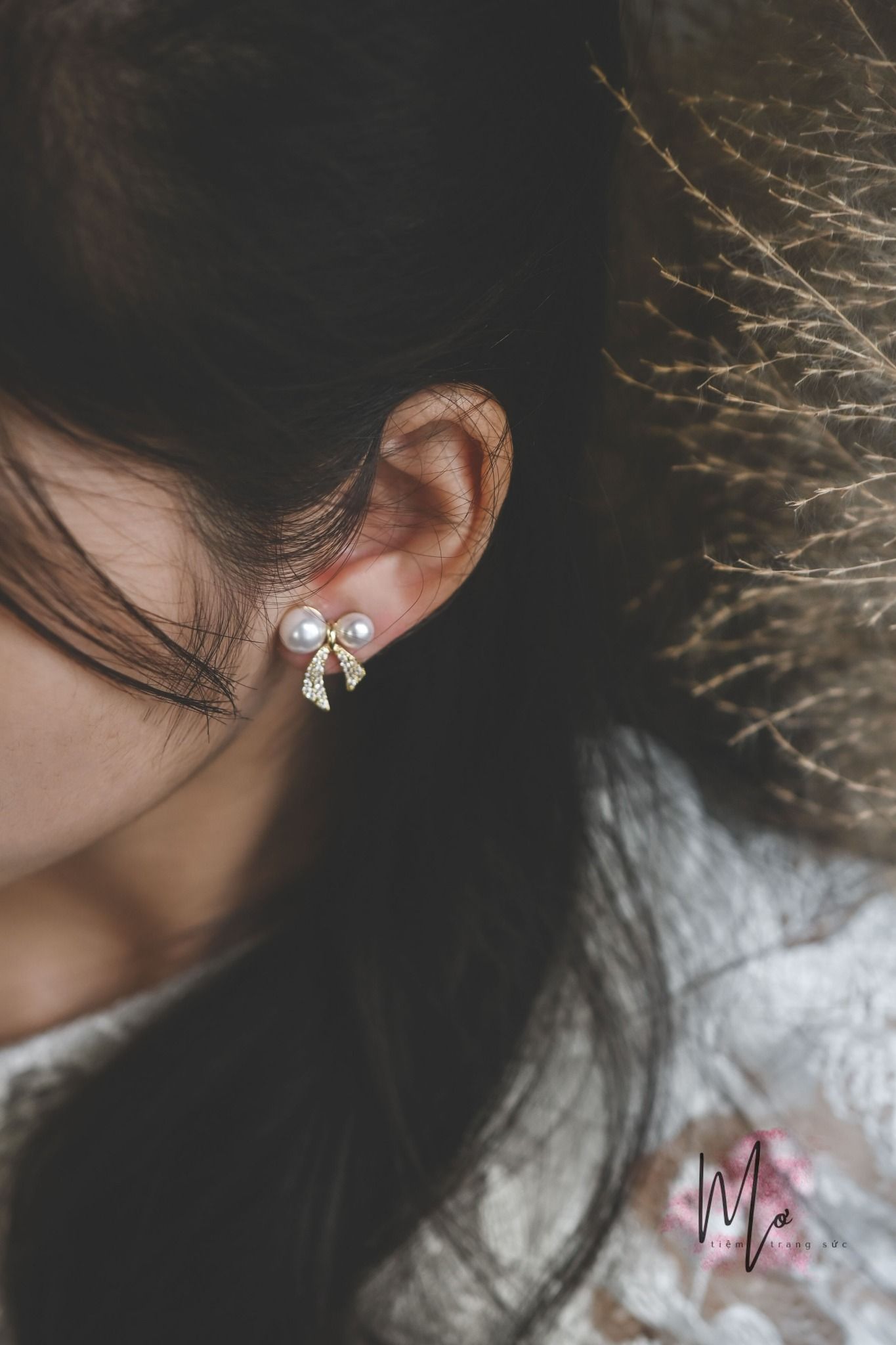  Bông tai bạc 925 họa tiết nơ ngọc trai 