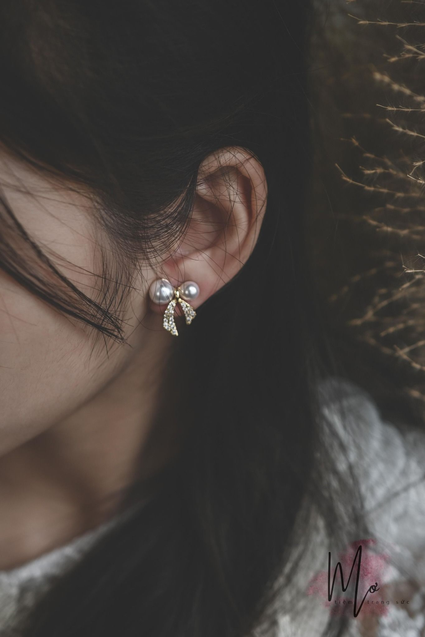  Bông tai bạc 925 họa tiết nơ ngọc trai 