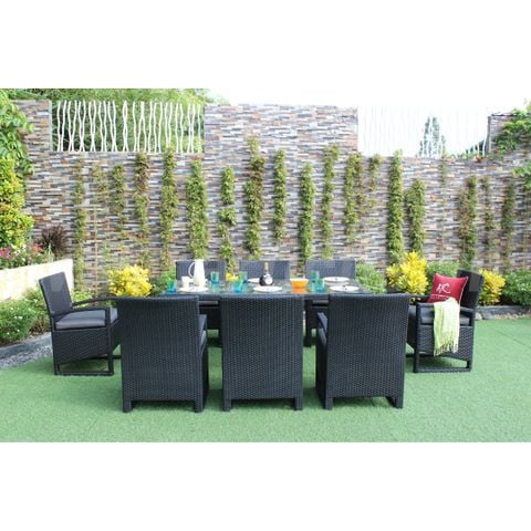 Bộ Bàn Ghế Ngoài Trời 8 Chỗ Dây Mây Nhựa Đen Sang Trọng RADS-139