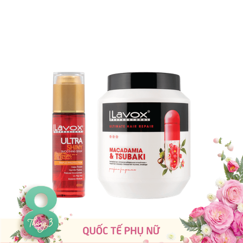  Combo Serum Huyết Thanh Dưỡng Bóng Tóc và Hấp Dầu Phục Hồi Tóc – Macadamia, Tsubaki Lavox 1000ml 