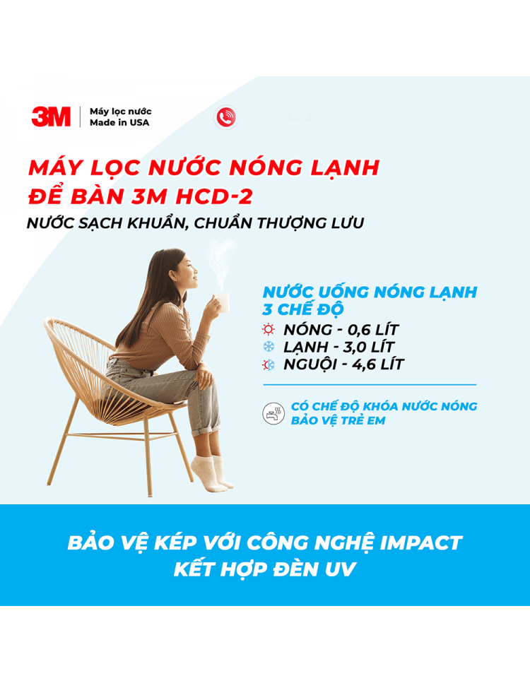 MÁY LỌC NƯỚC NÓNG LẠNH ĐỂ BÀN CAO CẤP 3M HCD-2 (MÀU ĐEN) - 3M HCD-2