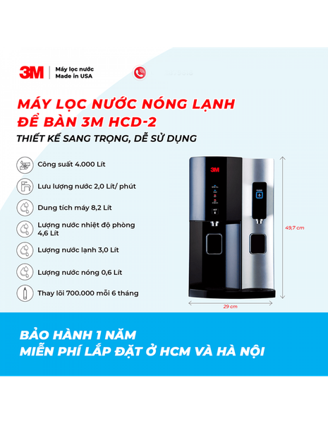 MÁY LỌC NƯỚC NÓNG LẠNH ĐỂ BÀN CAO CẤP 3M HCD-2 (MÀU ĐEN) - 3M HCD-2