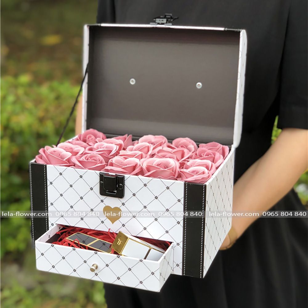 Hộp cốp ngăn kéo chấm bi cắm hoa, hộp cắm hoa, hộp đựng quà độc đáo có ngăn kéo - THH0070.1