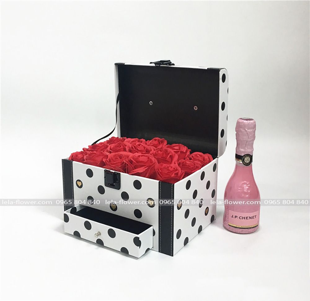 Hộp cốp ngăn kéo chấm bi cắm hoa, hộp cắm hoa, hộp đựng quà độc đáo có ngăn kéo - THH0070.4