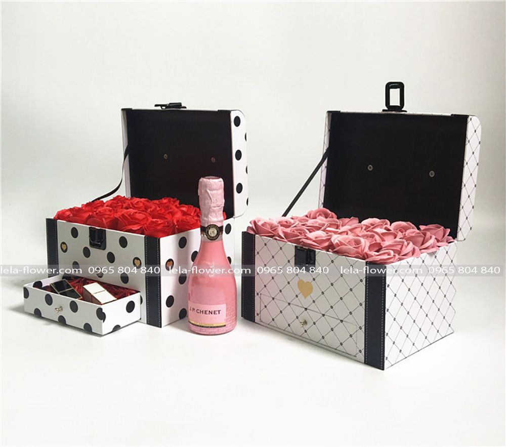 Hộp cốp ngăn kéo chấm bi cắm hoa, hộp cắm hoa, hộp đựng quà độc đáo có ngăn kéo - THH0070.6