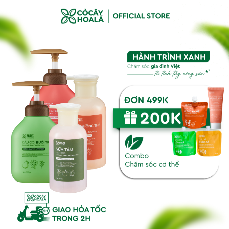 Combo Dầu Gội xả Bưởi Trà 350g và Bộ đôi Chăm sóc cơ thể Cam trà 300g