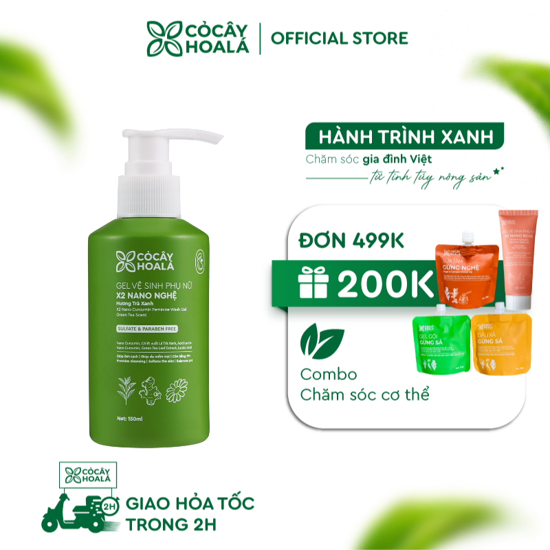 Gel vệ sinh phụ nữ X2 nano nghệ trà xanh Cỏ Cây Hoa Lá 150ml