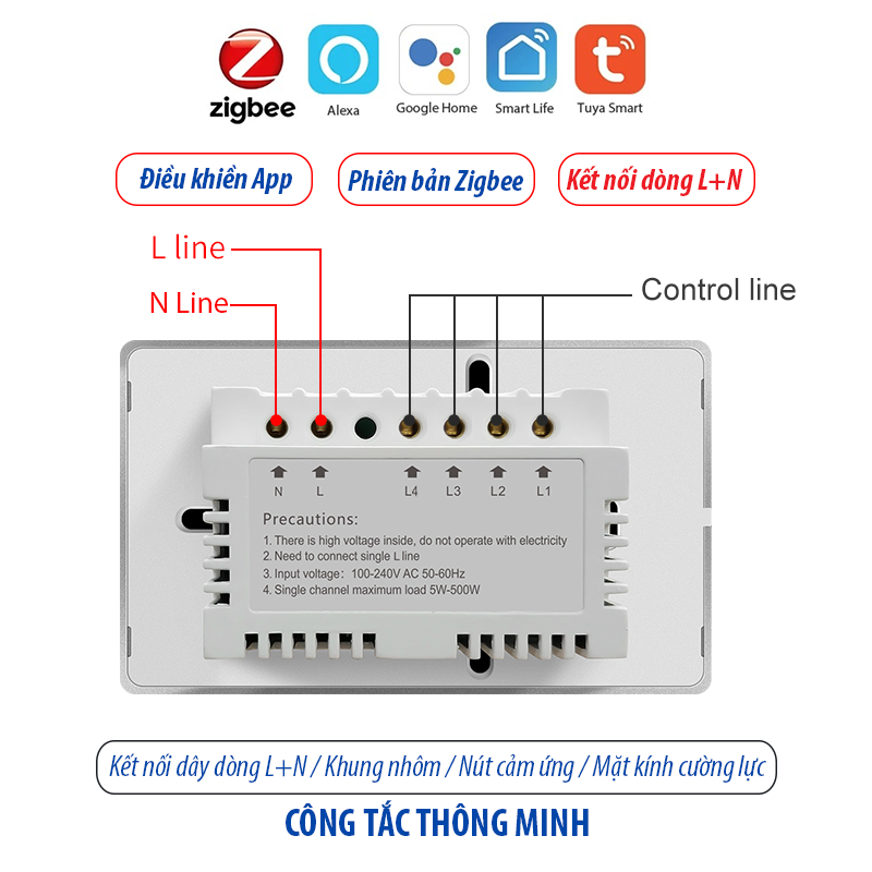 Công tắc thông minh kết nối Zigbee - màu trắng 4 kênh - loại 120