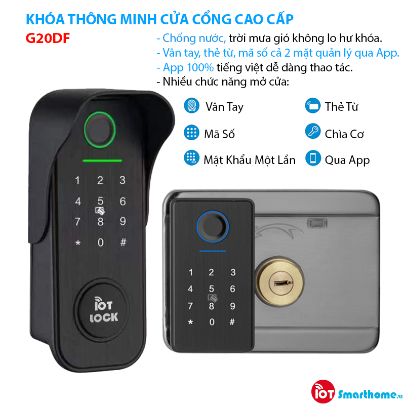 Khóa thông minh cao cấp IOT LOCK G20DF lắp đặt cho cửa cổng.