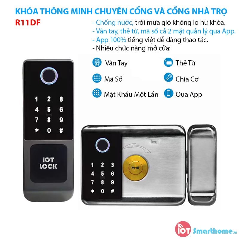 Khóa thông minh IOT LOCK R11DF lắp cho cửa cổng.