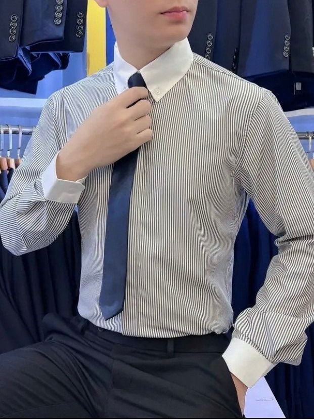  Áo sơ mi phối nam SM07 - sơ mi sọc xanh cổ trắng TUTO5 Menswear button down Hàn Quốc cao cấp 