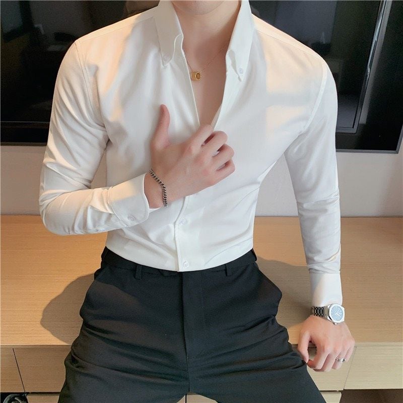  Áo sơ mi nam cổ y TUTO5 Menswear SMT03 - sơ mi trơn tay dài phong cách Hàn Quốc cao cấp form ôm slim fit lịch lãm 