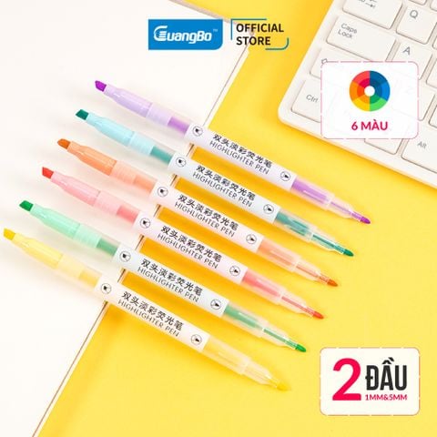 Bộ bút nhớ dòng/highlight tô màu 2 đầu dạ quang đánh dấu 6 màu GuangBo - set 6 cái hộp nhựa H02602