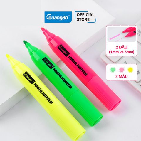 Bút nhớ dòng/highlight Guangbo 2 đầu 3 màu xanh lá, hồng, vàng H06081G-Y-P