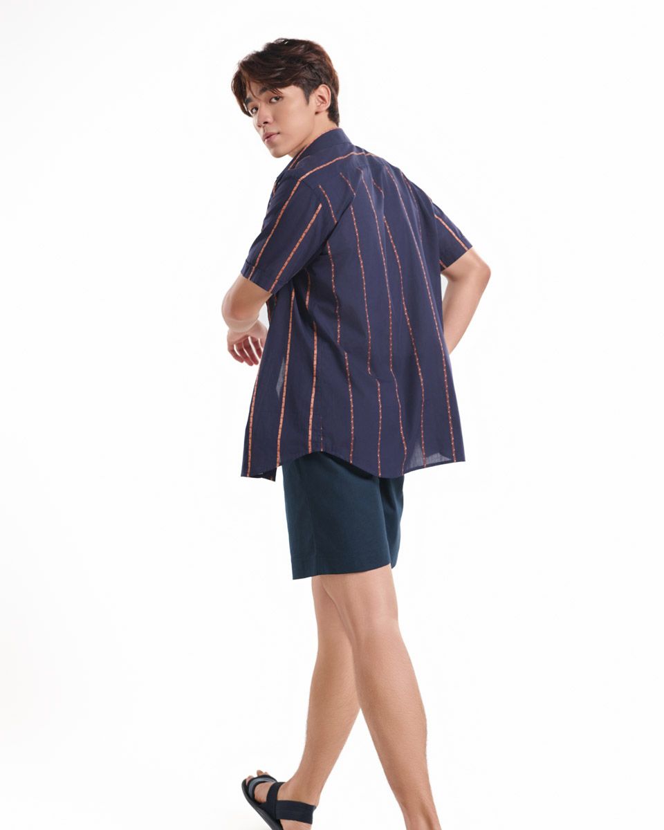 Áo Sơ Mi Nam Linen Xanh Sọc Nâu Tay Ngắn