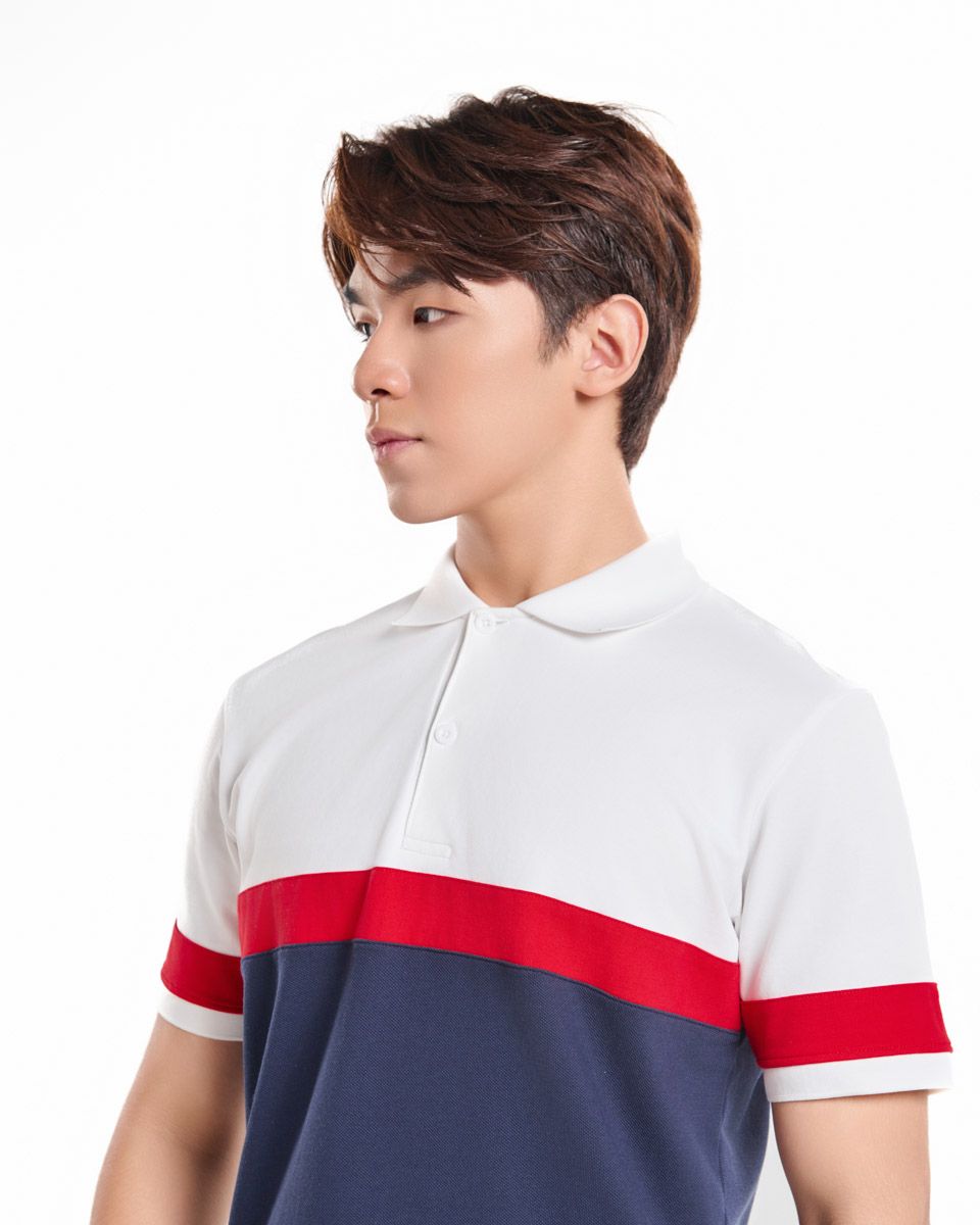 Áo Thun Nam Cotton Trắng Phối Xanh Đỏ