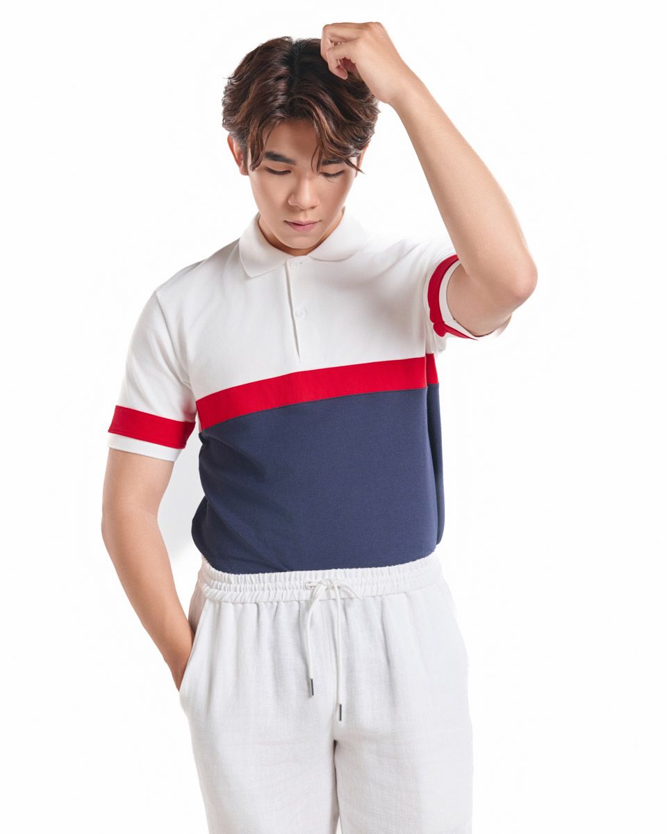 Áo Thun Nam Cotton Trắng Phối Xanh Đỏ