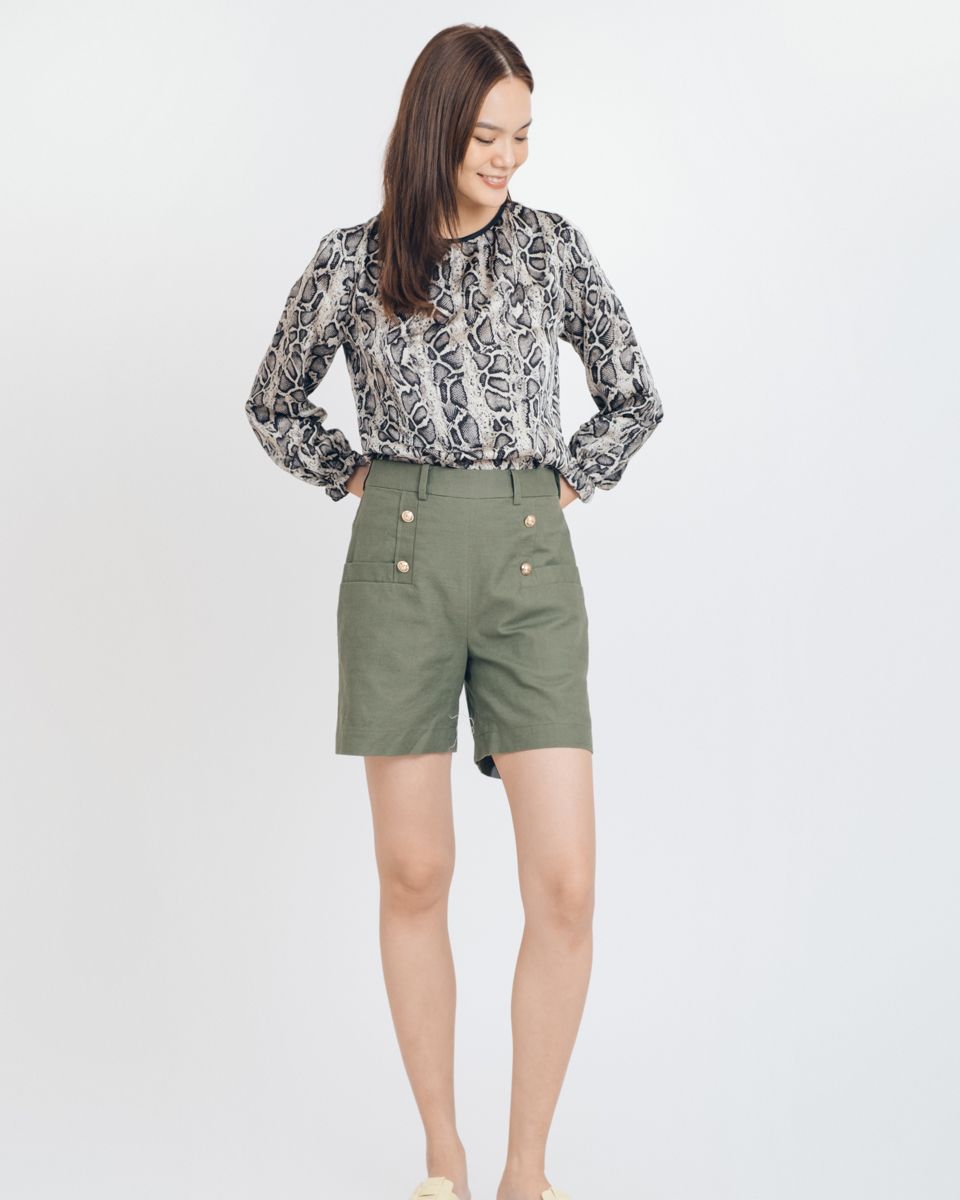 Quần Short Linen Rêu Phối Nút