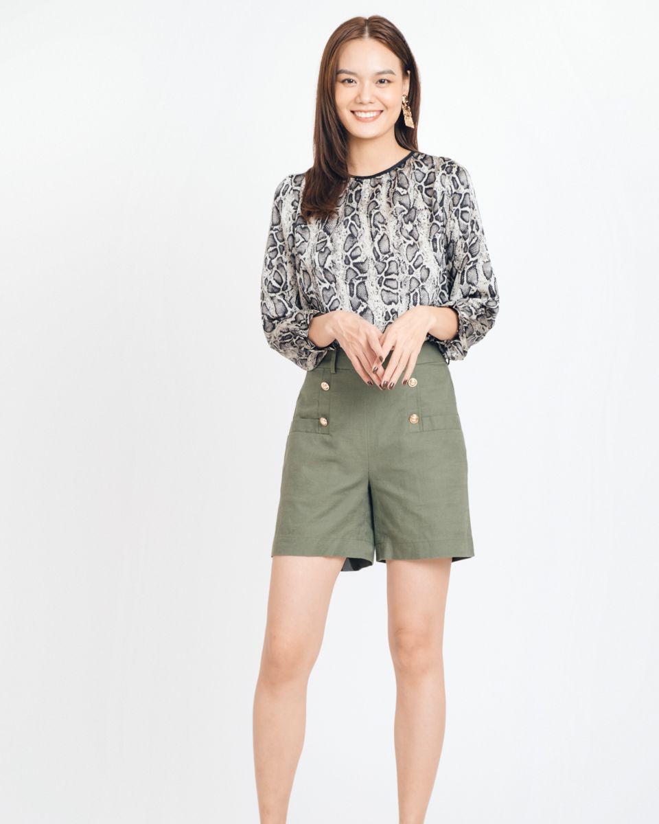Quần Short Linen Rêu Phối Nút