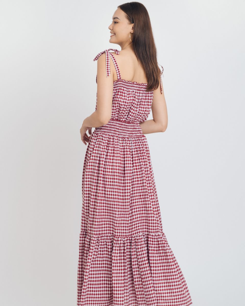 Đầm Linen Đỏ Caro Hai Dây